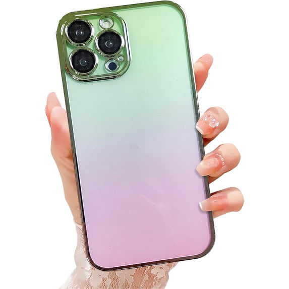 Compatible with iPhone 13 Pro Max Case for Women Girls,Full Camera Lens Protector Shockproof Hard Back Case,Luxury Fashion Cute Clear Acrylic Plate for iPhone 13 Pro Max (Gradient Green Pink)
