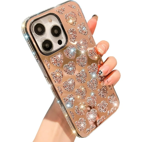 Compatible with iPhone 13 Pro Max Case for Women,Luxury Bling Cute Heart Case with Glitter Rhinestones Shockproof Protective Bumper Cover - 6.7 inch (Heart-RoseGold)