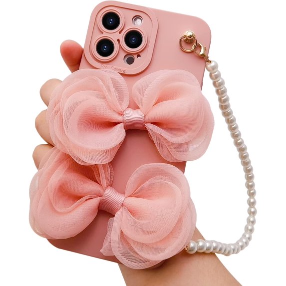 Compatible with iPhone 13 Pro Max Chain Case Cute Bow Bead Bracelet Strap Lanyard Wristband Charm Unique Design Fashion Luxurious Dream Protection Shockproof Cover for Girls Woman