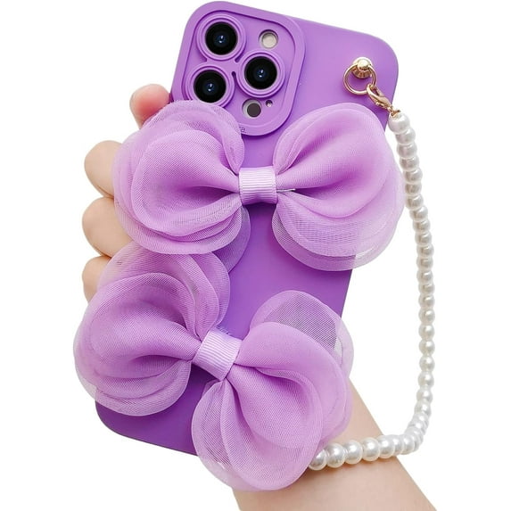 Compatible with iPhone 13 Pro Max Chain Case Cute Bow Bead Bracelet Strap Lanyard Wristband Charm Unique Design Fashion Luxurious Dream Protection Shockproof Cover for Girls Woman Purple
