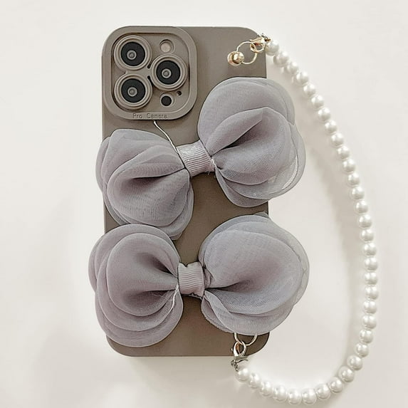 Compatible with iPhone 13 Pro Max Chain Case Cute Bow Bead Bracelet Strap Lanyard Wristband Charm Unique Design Fashion Luxurious Dream Protection Shockproof Cover for Girls Woman Grey