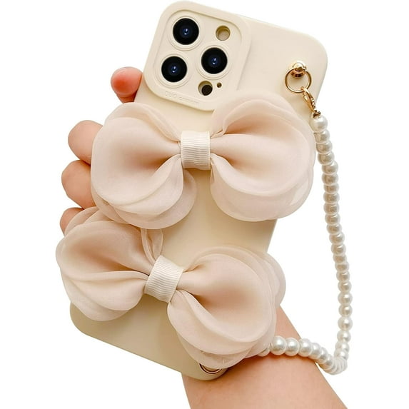 Compatible with iPhone 13 Pro Max Chain Case Cute Bow Bead Bracelet Strap Lanyard Wristband Charm Unique Design Fashion Luxurious Dream Protection Shockproof Cover for Girls Woman White