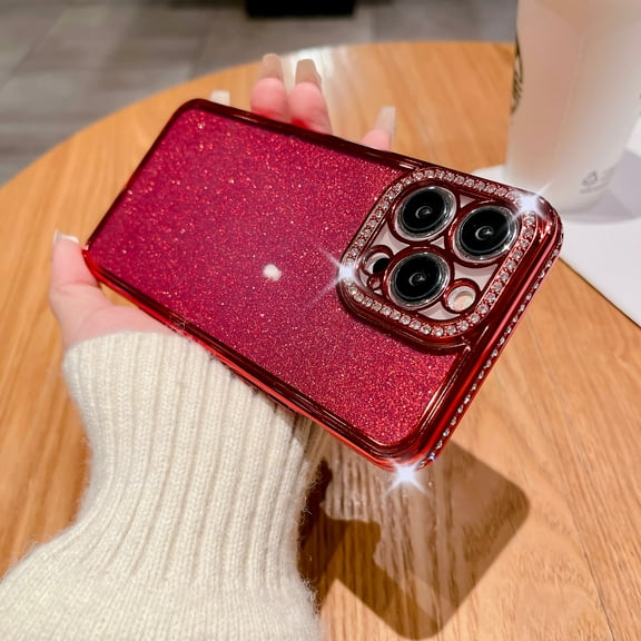 Compatible with iPhone 13 Pro Max Clear Bling Diamond Rhinestone Cute for Girls Women Girly Case Glitter Shiny Sparkle Gem Design Soft Silicone Luxury Fashion Protective 3D Phone Case, Red