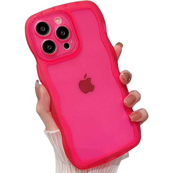 Compatible with iPhone 13 Pro Max Clear Case 6.7 inch,Cute Curly Wave Frame Design,Neon Bright Solid Color,Transparent Soft Silicone Protective Shockproof Phone Cover for Women Girls-Hot Pink