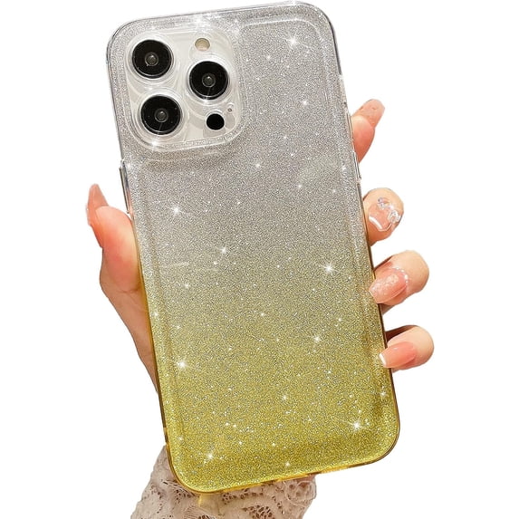 Compatible with iPhone 13 Pro Max Clear Case, Luxury Glitter Gradient Cute Bling Clear Phone Case for Women Girls Soft TPU Shockproof Camera Protective Back Cover Case - Yellow