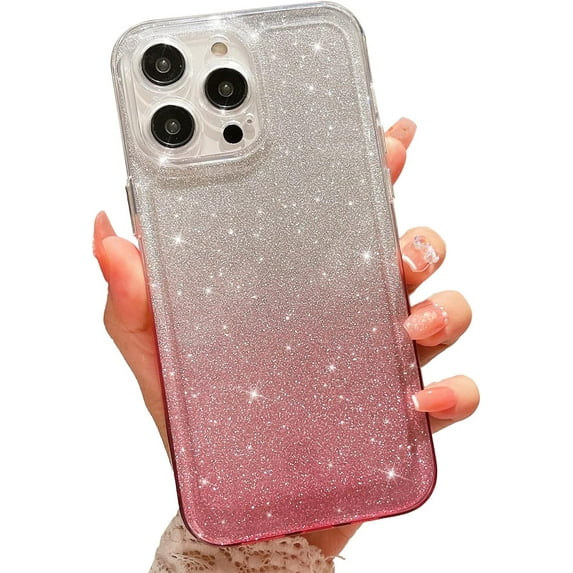 Compatible with iPhone 13 Pro Max Clear Case, Luxury Glitter Gradient Cute Bling Clear Phone Case for Women Girls Soft TPU Shockproof Camera Protective Back Cover Case - Pink
