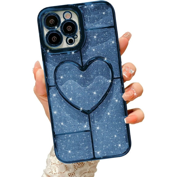 Compatible with iPhone 13 Pro Max Clear Glitter Case-6.7 Inch, Cute 3D Design Love Heart Pattern Plating Bling Case for Women Girls Soft TPU Shockproof Camera Protective Back Cover-Blue