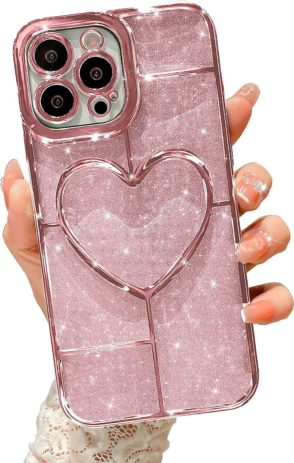 For iPhone 15 Pro Max 14 13 12 11 Sparkle Bling Love Heart Lens Protector Case