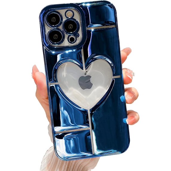 Compatible with iPhone 13 Pro Max Clear Glitter Case 6.7 Inch, Cute 3D Design Love Heart Pattern Plating Bling Case for Women Girls Soft TPU Shockproof Camera Protective Back Cover-Blue