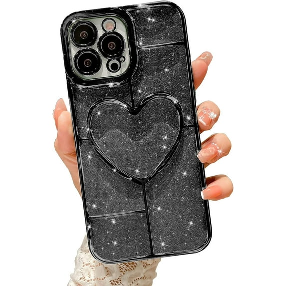 Compatible with iPhone 13 Pro Max Clear Glitter Case-6.7 Inch, Cute 3D Design Love Heart Pattern Plating Bling Case for Women Girls Soft TPU Shockproof Camera Protective Back Cover-Black