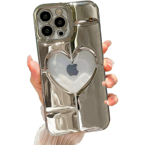 Compatible with iPhone 13 Pro Max Clear Glitter Case 6.7 Inch, Cute 3D Design Love Heart Pattern Plating Bling Case for Women Girls Soft TPU Shockproof Camera Protective Back Cover-Silver