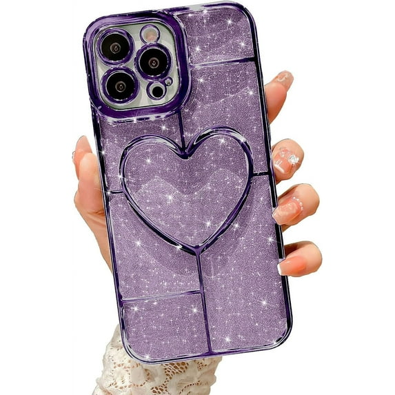 Compatible with iPhone 13 Pro Max Clear Glitter Case-6.7 Inch, Cute 3D Design Love Heart Pattern Plating Bling Case for Women Girls Soft TPU Shockproof Camera Protective Back Cover-Purple