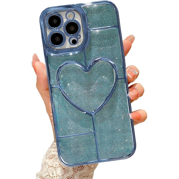 Compatible With iPhone 13 Pro Max Clear Glitter Case-6.7 Inch, Cute 3D Design Love Heart Pattern Plating Bling Case for Women Girls Soft TPU Shockproof Camera Protective Back Cover-Light Blue
