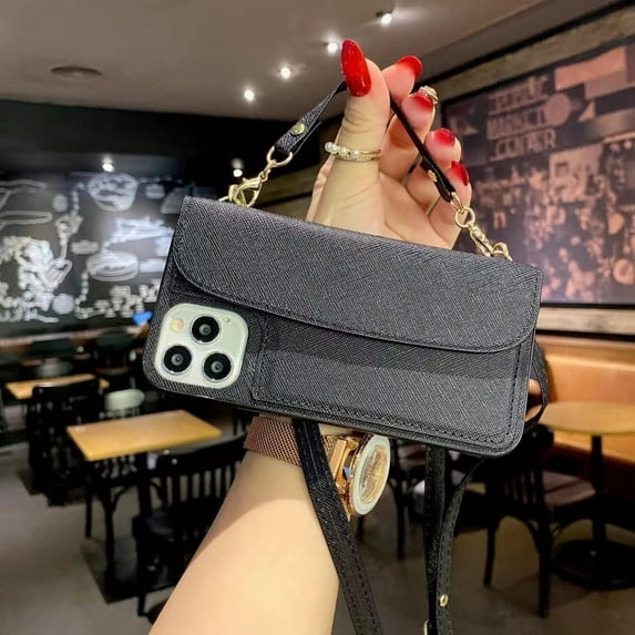 Compatible with iPhone 13 Pro Max Crossbody Wallet Case for Women Girls with Neck Lanyard Wrist Strap Fashion Handbag Purse Credit Card Holder Slot Pocket PU Leather Flip Phone Case Black