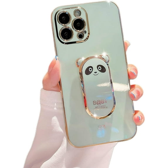 Compatible with iPhone 13 Pro Max Cute 6D Panda Stand Phone Case TPU Thin Shockproof Soft Case for iPhone 14 11 Pro Max 12 Mini 7 8 14 Plus SE XS XR Back Cover(Light Green,iPhone 12 Pro)