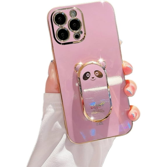 Compatible with iPhone 13 Pro Max Cute 6D Panda Stand Phone Case TPU Thin Shockproof Soft Case for iPhone 14 11 Pro Max 12 Mini 7 8 14 Plus SE XS XR Back Cover(Purple,iPhone 12 Pro)