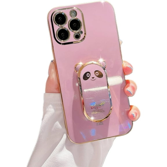 Compatible with iPhone 13 Pro Max Cute 6D Panda Stand Phone Case TPU Thin Shockproof Soft Case for iPhone 14 11 Pro Max 12 Mini 7 8 14 Plus SE XS XR Back Cover(Purple,iPhone XR)
