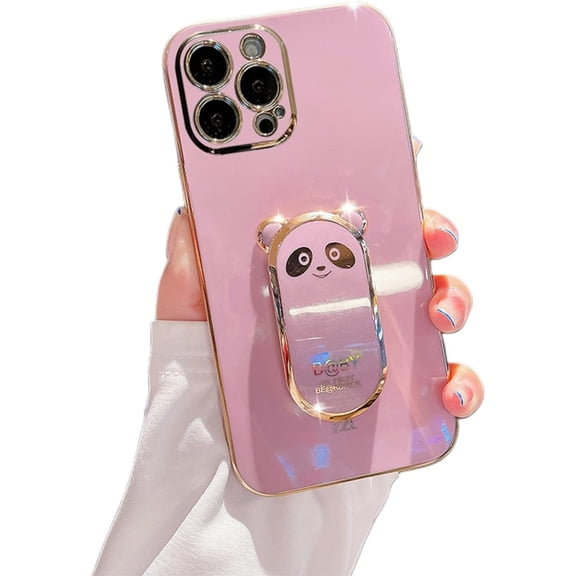 Compatible with iPhone 13 Pro Max Cute 6D Panda Stand Phone Case TPU Thin Shockproof Soft Case for iPhone 14 11 Pro Max 12 Mini 7 8 14 Plus SE XS XR Back Cover(Purple,iPhone 13 Mini)