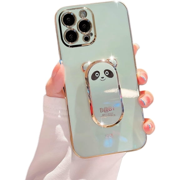 Compatible with iPhone 13 Pro Max Cute 6D Panda Stand Phone Case TPU Thin Shockproof Soft Case for iPhone 14 11 Pro Max 12 Mini 7 8 14 Plus SE XS XR Back Cover(Light Green,iPhone 7)