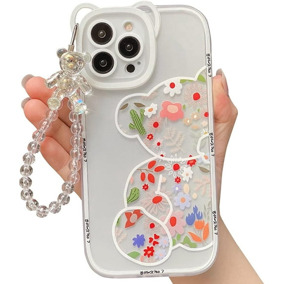 Compatible for iPhone 13 Pro Max Cute Clear Case, Cute Flowers Bear Pattern Phone Case with Lovely Strap Bracelet Chain Keychain for Women Girls Soft TPU Shockproof Back Cover - White