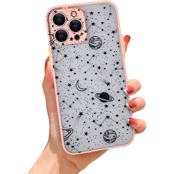 Compatible with iPhone 13 Pro Max Cute Planet Sky Star Pattern Case,Clear Hard Frosted Back+Soft TPU Bumper Anti-Scratch Shockproof Protective Case for iPhone 13 Pro Max 6.7" Women Girls-Pink