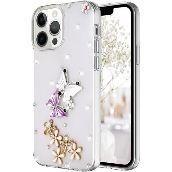 Compatible with iPhone 13 Pro Max Diamond Case 3D Butterfly Flower Glitter Sparkle Bling Luxury Shiny Crystal Rhinestone Clear Shockproof Protective Cover for Girls and Women