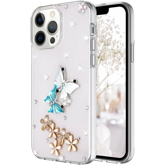 Compatible with iPhone 13 Pro Max Diamond Case 3D Butterfly Flower Glitter Sparkle Bling Luxury Shiny Crystal Rhinestone Clear Shockproof Protective Cover for Girls and Women