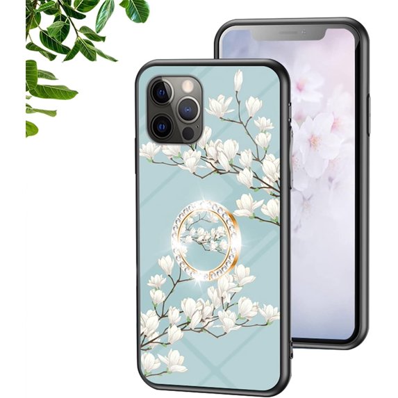 Compatible with iPhone 13 Pro Max Flower Pattern Case with Ring Glossy Ring Finger Grip Kickstand Holder Stand Bling Diamond Luxury Glitter Protection Fashion Shockproof Case for Girls Women