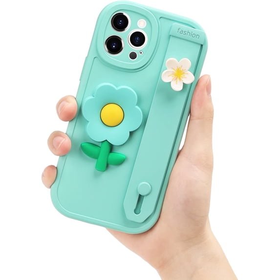 Compatible with iPhone 13 Pro Max Flower Wrist Strap Case Cute 3D Floral Wristband Kickstand Cover Fashion Luxury Design Camera Lens Protection Shockproof Protective for Women Girls Girly