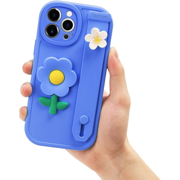 Compatible with iPhone 13 Pro Max Flower Wrist Strap Case Cute 3D Floral Wristband Kickstand Cover Fashion Luxury Design Camera Lens Protection Shockproof Protective for Women Girls Girly