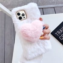 Compatible with iPhone 13 Pro Max Fuzzy Fluffy Case for Women Girls 3D Cute Furry Plush Heart Bling Diamond Bow Warm Smooth Fur Hair Design Soft Rubber Bumper Protective Cover 6.7 inch