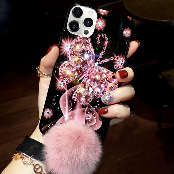 Compatible with iPhone 13 Pro Max Girly Case Bling Glitter 3D Diamond Rhinestone Case Cute for Women Girls Sparkle Shiny Luxury Crystal Butterfly with Plush Fuzzy Furry Ball Phone Case Pink