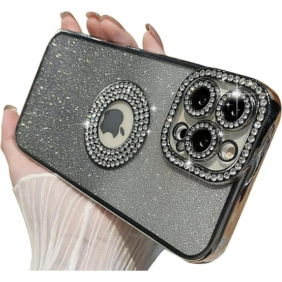 Compatible with iPhone 13 Pro Max Glitter Case,Luxury Cute Sparkle Diamond Design with Bling Camera Protection Plating Logo View,Aesthetic Shockproof Bumper for Women Girls Phone Cover-Silver