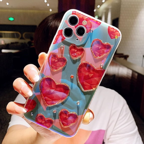 Compatible with iPhone 13 Pro Max Glitter Love Heart Case Bling Rhinestone Glossy Lens Camera Protection Cute Fashion Shockproof Protective Cover for Girls and Women