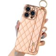 thumbnail image 1 of Compatible with iPhone 13 Pro Max Glitter Luxurly Plating Case, Street Fashion with Wrist Strap Protector Phone Cover Full-Body Bumper Electroplated Case for iPhone 13 Pro Max 6.7 Inch Pink, 1 of 12