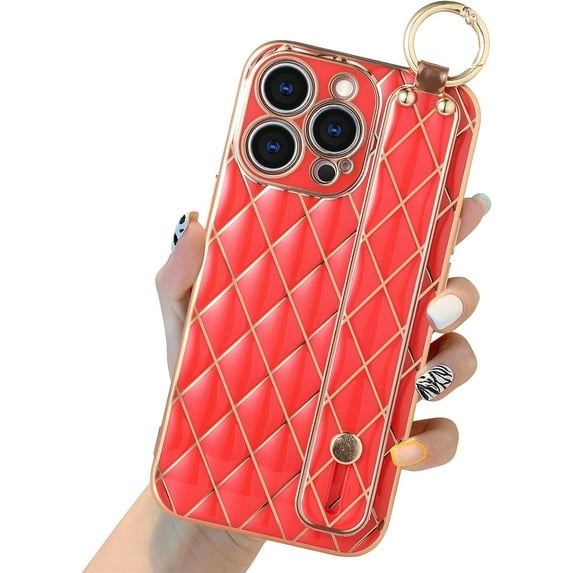 Compatible with iPhone 13 Pro Max Glitter Luxurly Plating Case, Street Fashion with Wrist Strap Protector Phone Cover Full-Body Bumper Electroplated Case for iPhone 13 Pro Max 6.7 Inch Red