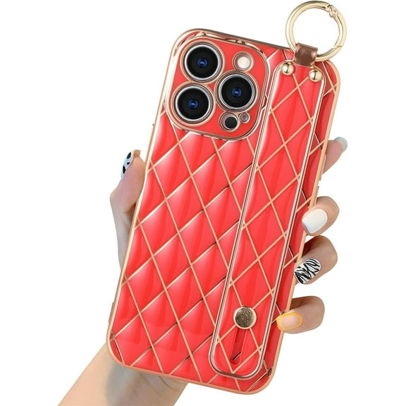 Compatible with iPhone 13 Pro Max Glitter Luxurly Plating Case, Street Fashion with Wrist Strap Protector Phone Cover Full-Body Bumper Electroplated Case for iPhone 13 Pro Max 6.7 Inch Red