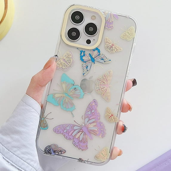 Compatible with iPhone 13 Pro Max Glossy Butterfly Case Shiny Gold Clear Bling Glitter Luxury Cute Soft TPU Bumper Shockproof Protective Cover for Girls Women