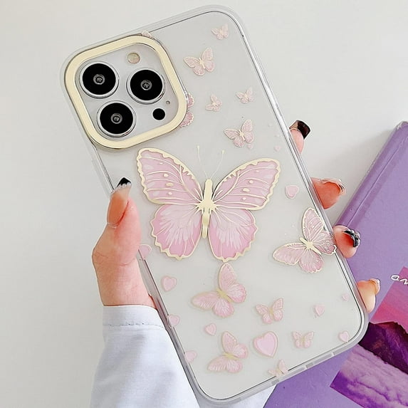 Compatible with iPhone 13 Pro Max Glossy Butterfly Case Shiny Gold Clear Bling Glitter Luxury Cute Soft TPU Bumper Shockproof Protective Cover for Girls Women