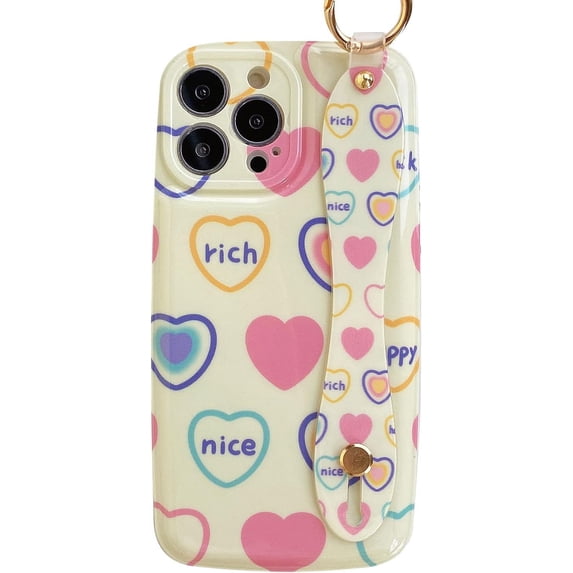 Compatible with iPhone 13 Pro Max Love Heart Oval Case with Adjustable Wrist Strap Kickstand Holder Hand Strap Glossy Protection Fashion Shockproof Case for Girls Women