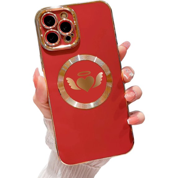 Compatible with iPhone 13 Pro Max Magnetic Case 6.7 Inch,with Wings, Heart,Angel Pattern Luxury Plating Phone Case for Women Girls with Camera Lens Protector Back Cover-Red
