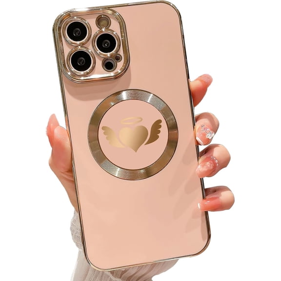 Compatible with iPhone 13 Pro Max Magnetic Case 6.7 Inch,with Wings, Heart,Angel Pattern Luxury Plating Phone Case for Women Girls with Camera Lens Protector Back Cover-Pink