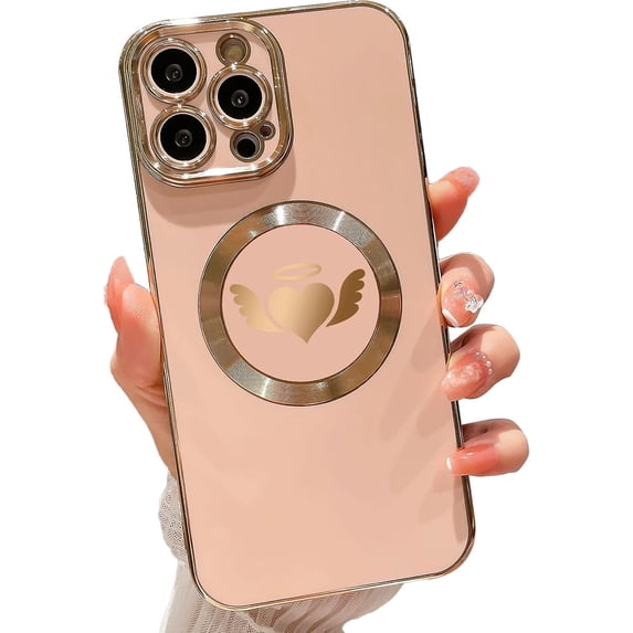Compatible with iPhone 13 Pro Max Magnetic Case 6.7 Inch,with Wings, Heart,Angel Pattern Luxury Plating Phone Case for Women Girls with Camera Lens Protector Back Cover-Pink