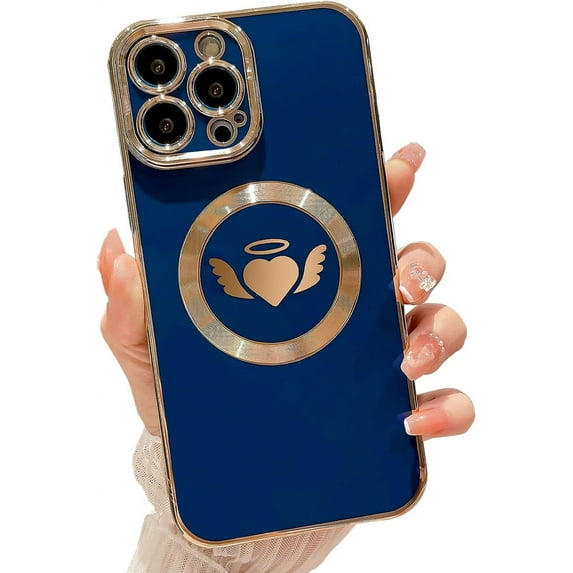 Compatible with iPhone 13 Pro Max Magnetic Case 6.7 Inch,with Wings, Heart,Angel Pattern Luxury Plating Phone Case for Women Girls with Camera Lens Protector Back Cover-Blue