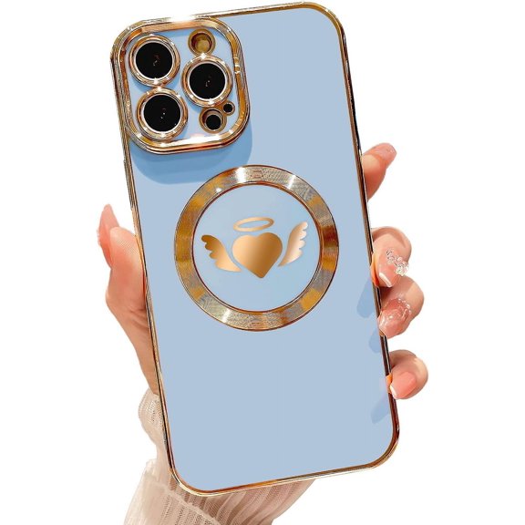 Compatible with iPhone 13 Pro Max Magnetic Case 6.7 Inch,with Wings, Heart,Angel Pattern Luxury Plating Phone Case for Women Girls with Camera Lens Protector Back Cover-Light Blue