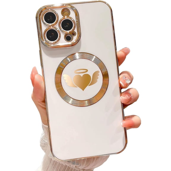 Compatible with iPhone 13 Pro Max Magnetic Case 6.7 Inch,with Wings, Heart,Angel Pattern Luxury Plating Phone Case for Women Girls with Camera Lens Protector Back Cover-White