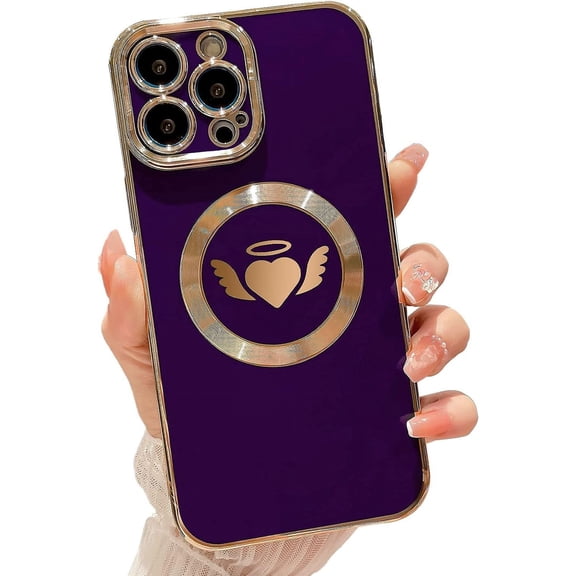 Compatible with iPhone 13 Pro Max Magnetic Case 6.7 Inch,with Wings, Heart,Angel Pattern Luxury Plating Phone Case for Women Girls with Camera Lens Protector Back Cover-Purple