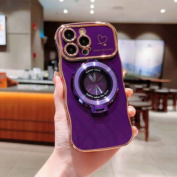 Compatible with iPhone 13 Pro Max Magnetic Case, Luxury Love Heart Pattern Plating Magsafe Ring Kickstand Case Compatible with MagSafe for Women Girls Shockproof Protective Back Cover - Darkpurple