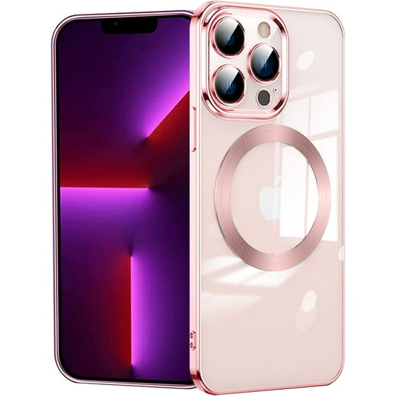 Compatible with iPhone 13 Pro Max Magnetic Case, Luxury Plating Clear Phone Case, Compatible with MagSafe for Women Girls with Camera Protector Soft TPU Shockproof Back Cover - Pink