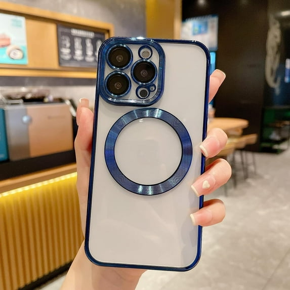 Compatible with iPhone 13 Pro Max Magnetic Clear Case,Luxury Plating Bling Transparent Shockproof MagSafe Case with Full Camera Lens Protector for iPhone 13 Pro Max Women Girl Men-Blue